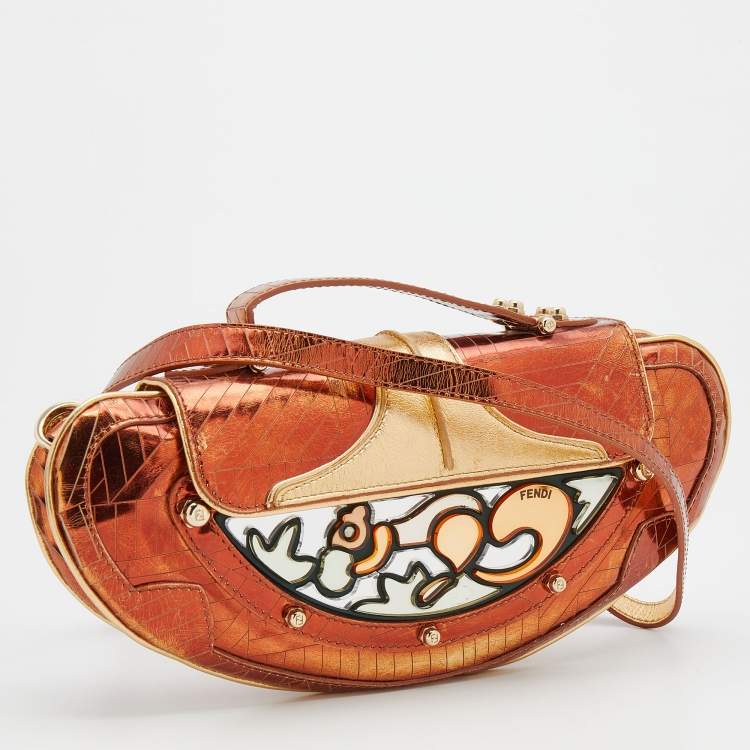 Pre Owned Fendi Bronze/Gold Leather Vanity Mirror Clutch