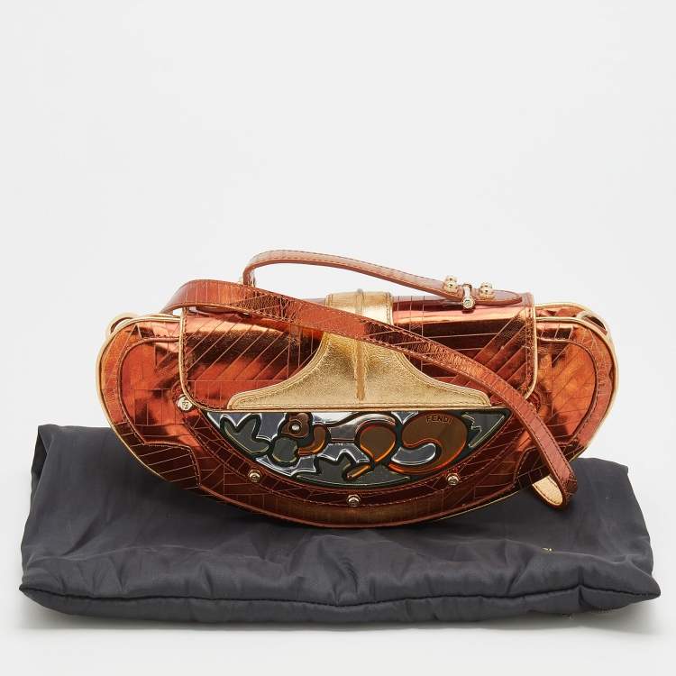 Pre Owned Fendi Bronze/Gold Leather Vanity Mirror Clutch
