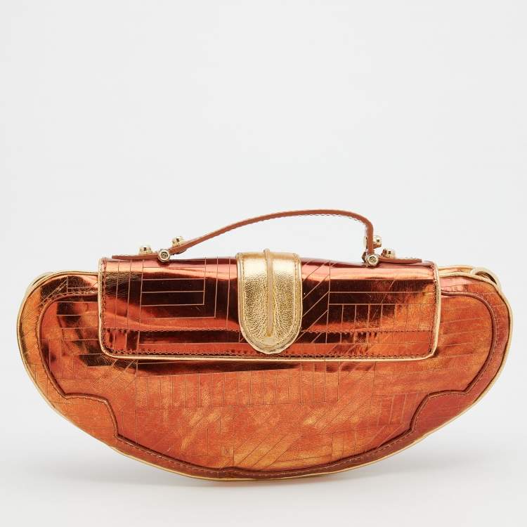 Pre Owned Fendi Bronze/Gold Leather Vanity Mirror Clutch