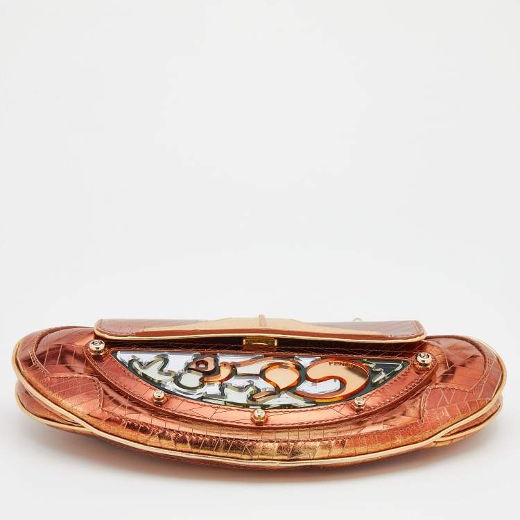 Pre Owned Fendi Bronze/Gold Leather Vanity Mirror Clutch