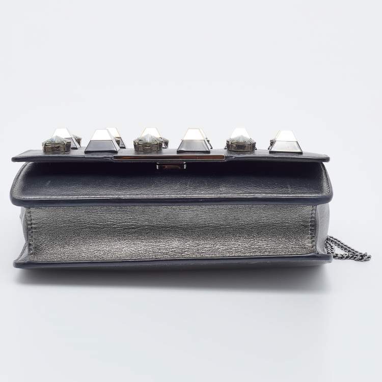 مملوكة مسبقًا Fendi Metallic Dark Grey Leather Crystal Stud Tube Wallet On Chain