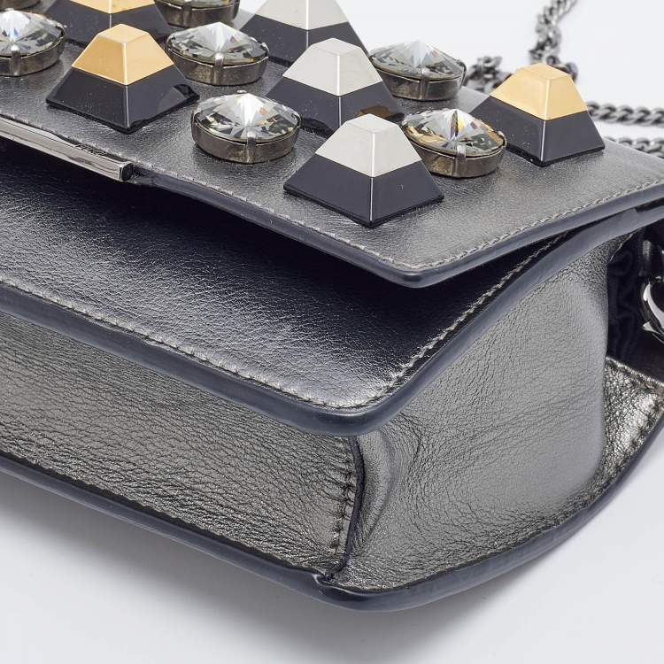 مملوكة مسبقًا Fendi Metallic Dark Grey Leather Crystal Stud Tube Wallet On Chain