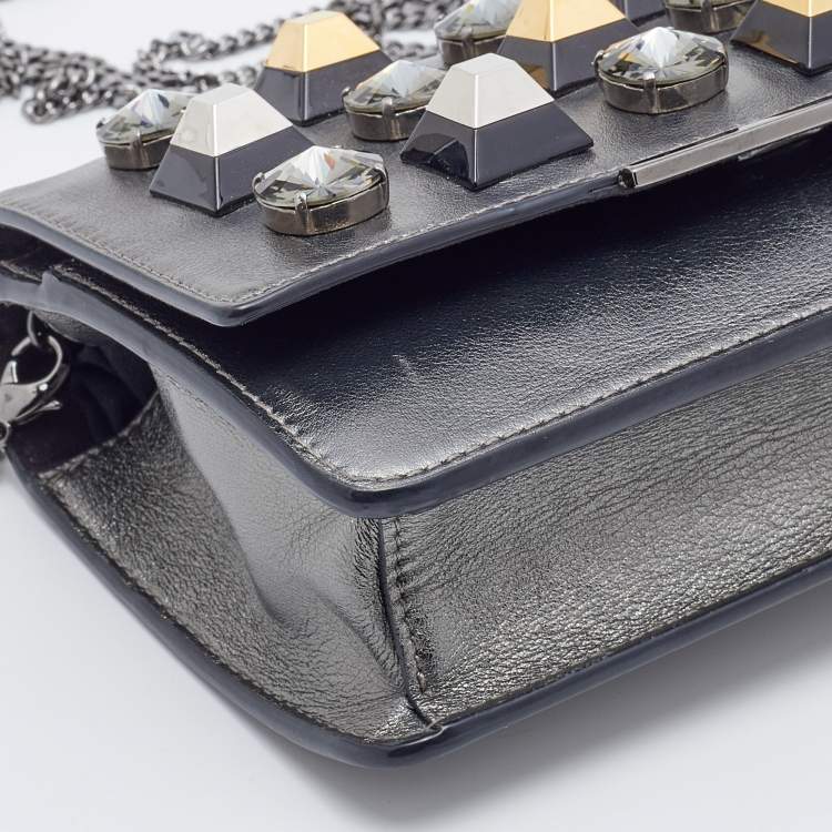 مملوكة مسبقًا Fendi Metallic Dark Grey Leather Crystal Stud Tube Wallet On Chain