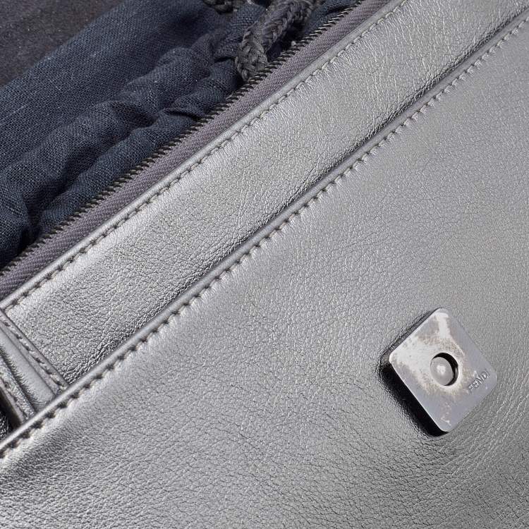 مملوكة مسبقًا Fendi Metallic Dark Grey Leather Crystal Stud Tube Wallet On Chain