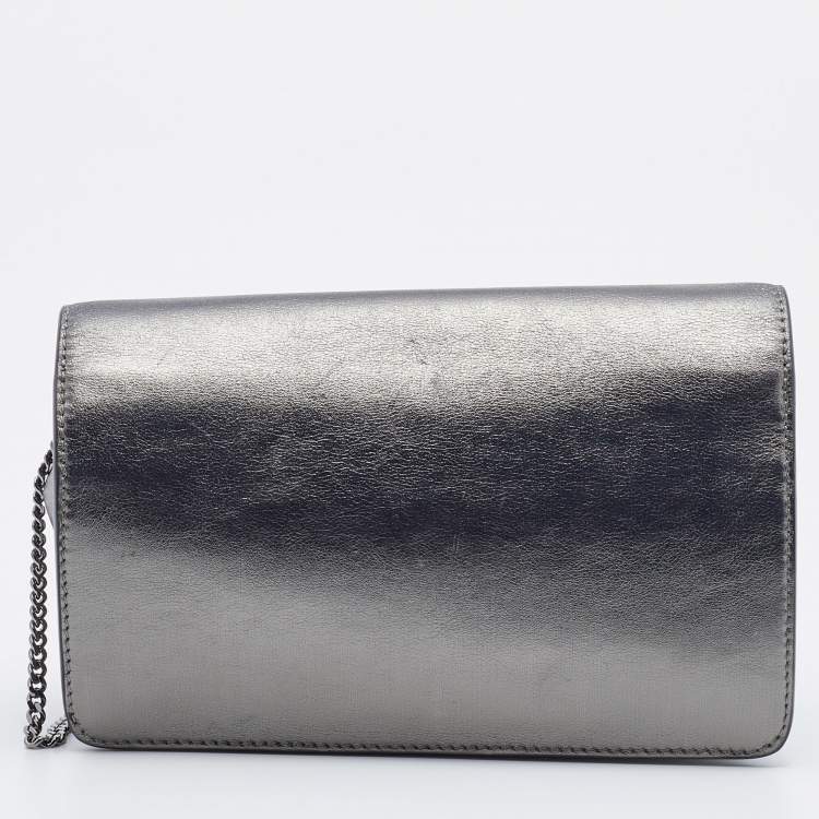 مملوكة مسبقًا Fendi Metallic Dark Grey Leather Crystal Stud Tube Wallet On Chain