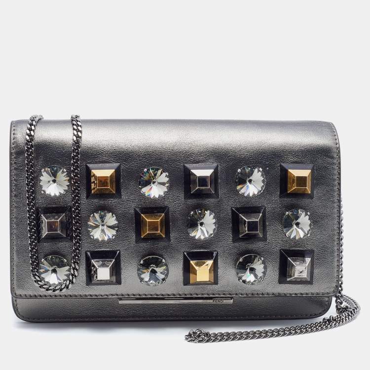 Pre Owned Fendi Metallic Dark Grey Leather Crystal Stud Tube Wallet On Chain
