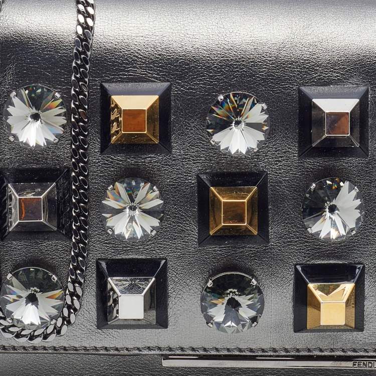 مملوكة مسبقًا Fendi Metallic Dark Grey Leather Crystal Stud Tube Wallet On Chain
