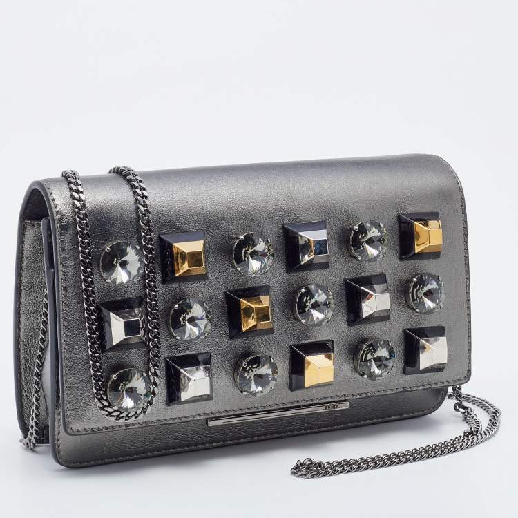 مملوكة مسبقًا Fendi Metallic Dark Grey Leather Crystal Stud Tube Wallet On Chain