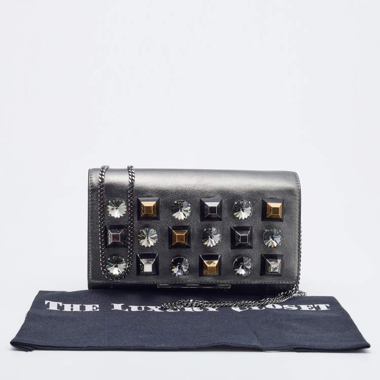 مملوكة مسبقًا Fendi Metallic Dark Grey Leather Crystal Stud Tube Wallet On Chain