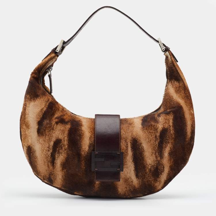 Pre Owned Fendi Brown/Beige Calfhair and Leather Hobo