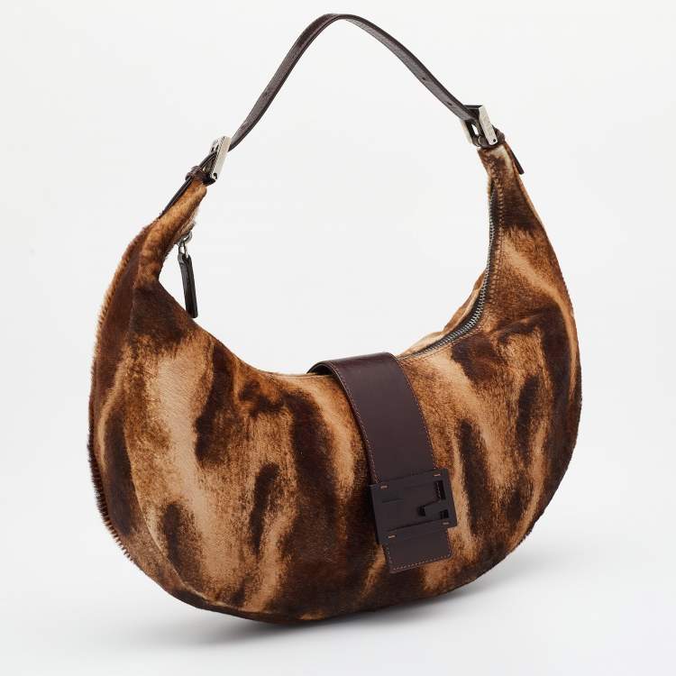 Pre Owned Fendi Brown/Beige Calfhair and Leather Hobo