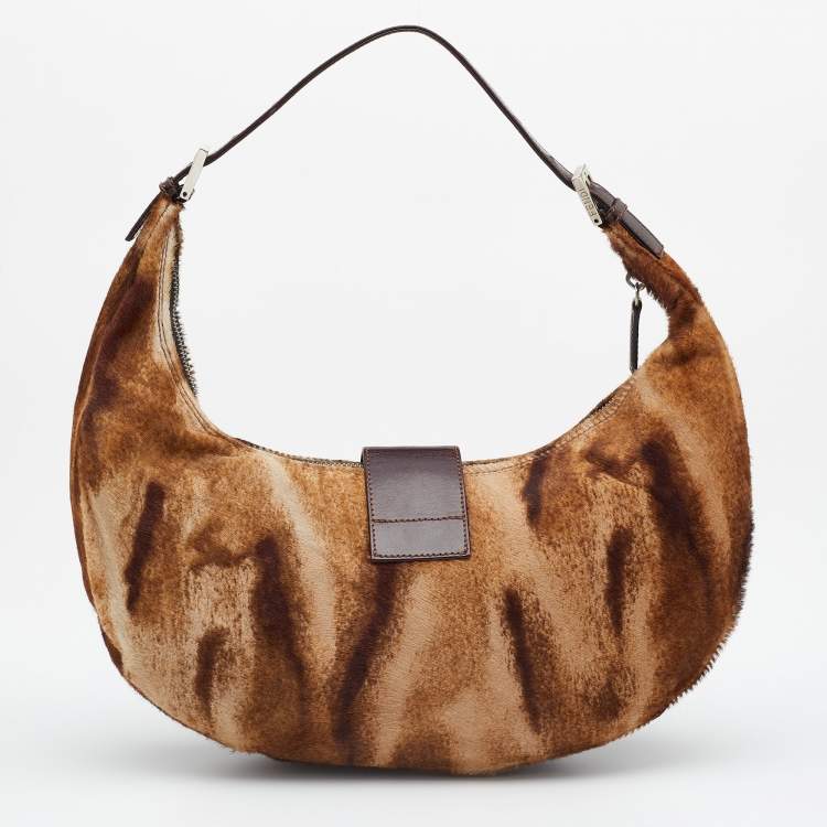 Pre Owned Fendi Brown/Beige Calfhair and Leather Hobo