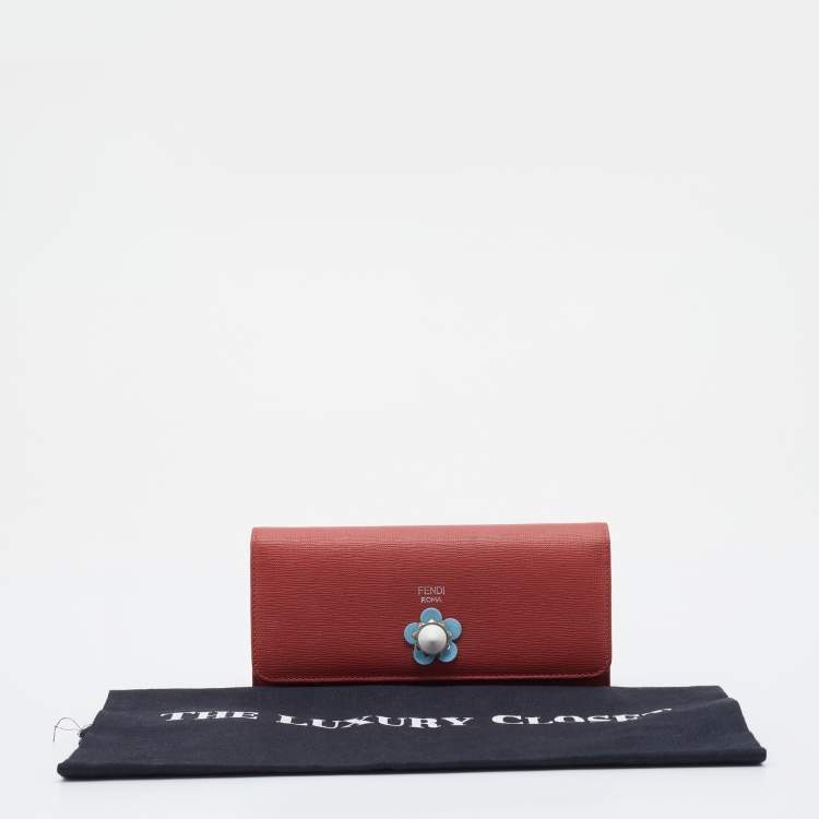 Pre Owned Fendi Orange Leather Flower Continental Wallet