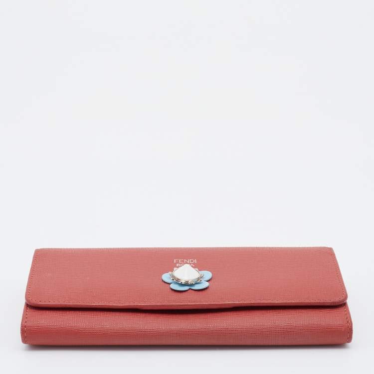 Pre Owned Fendi Orange Leather Flower Continental Wallet