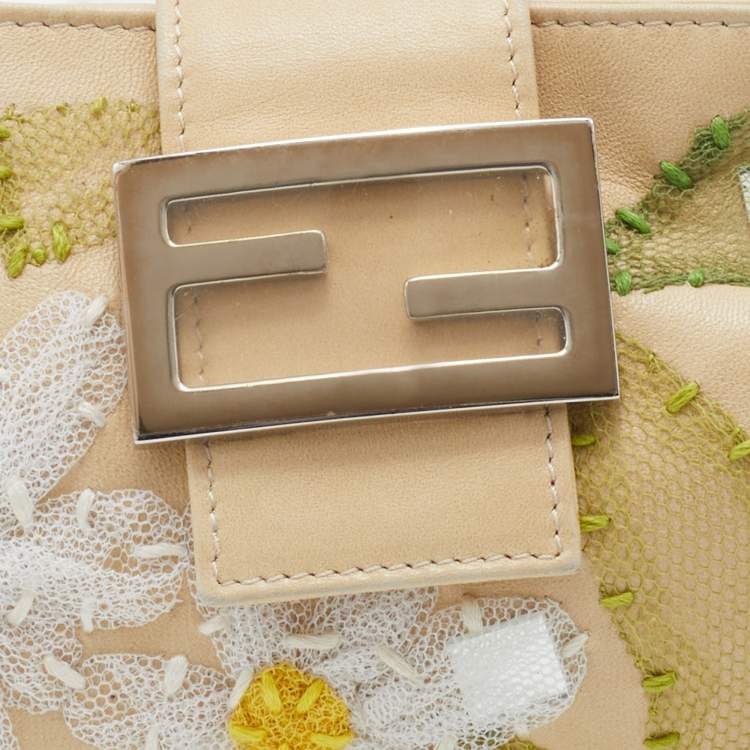 Pre Owned Fendi Light Beige Leather and Lace Embroidered Shoulder Bag