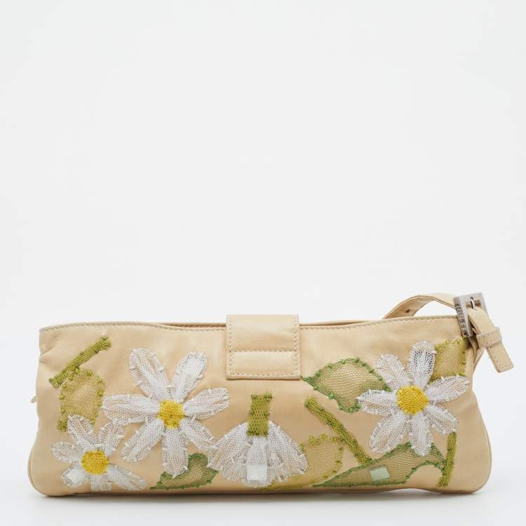 Pre Owned Fendi Light Beige Leather and Lace Embroidered Shoulder Bag