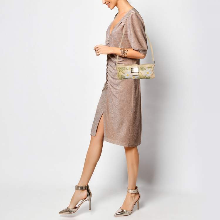 Pre Owned Fendi Light Beige Leather and Lace Embroidered Shoulder Bag