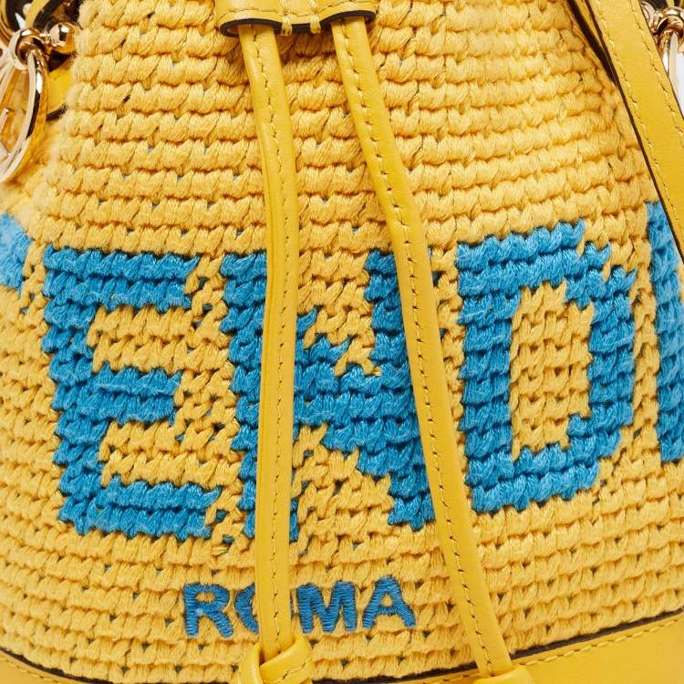 Pre Owned Fendi Yellow Crochet and Leather Mini Mon Tresor Drawstring Bucket Bag