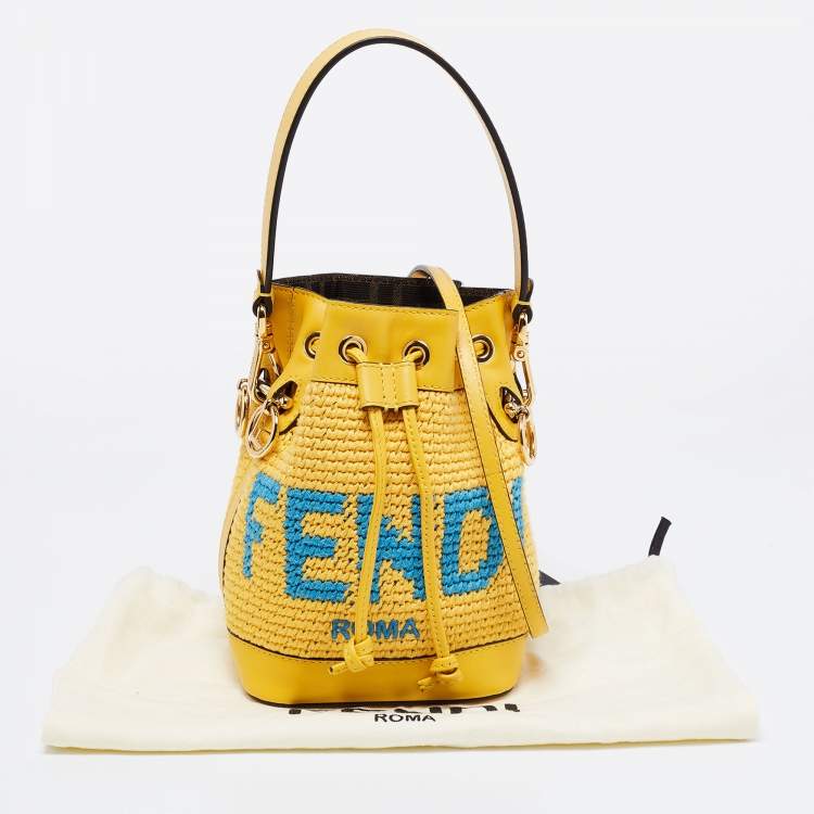 Pre Owned Fendi Yellow Crochet and Leather Mini Mon Tresor Drawstring Bucket Bag