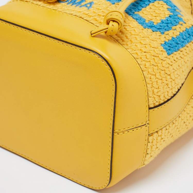 Pre Owned Fendi Yellow Crochet and Leather Mini Mon Tresor Drawstring Bucket Bag