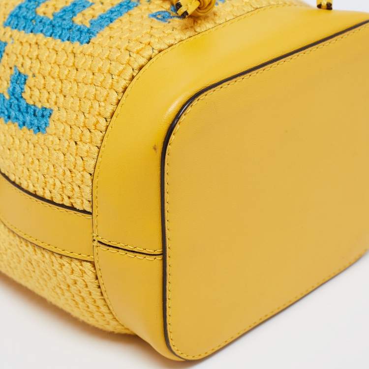Pre Owned Fendi Yellow Crochet and Leather Mini Mon Tresor Drawstring Bucket Bag