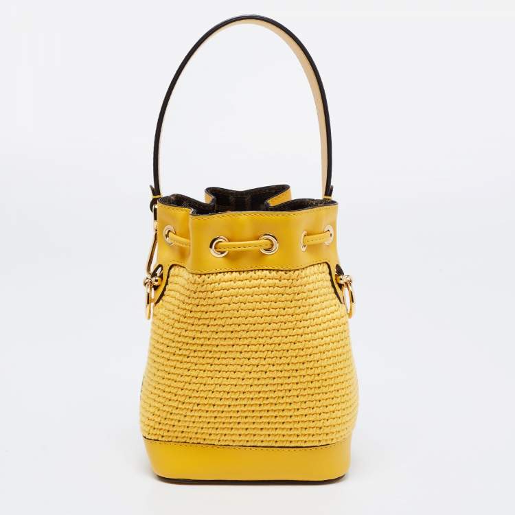 Pre Owned Fendi Yellow Crochet and Leather Mini Mon Tresor Drawstring Bucket Bag