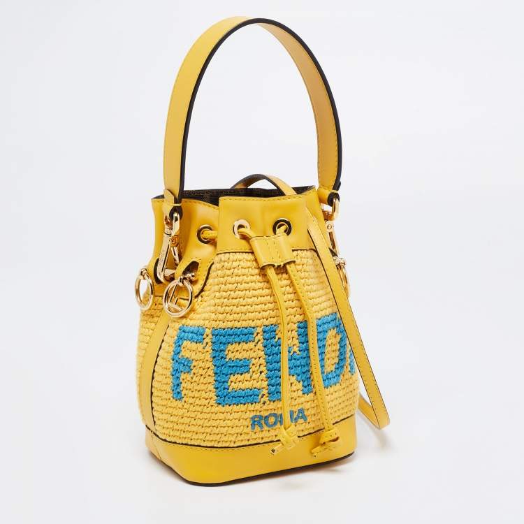 Pre Owned Fendi Yellow Crochet and Leather Mini Mon Tresor Drawstring Bucket Bag