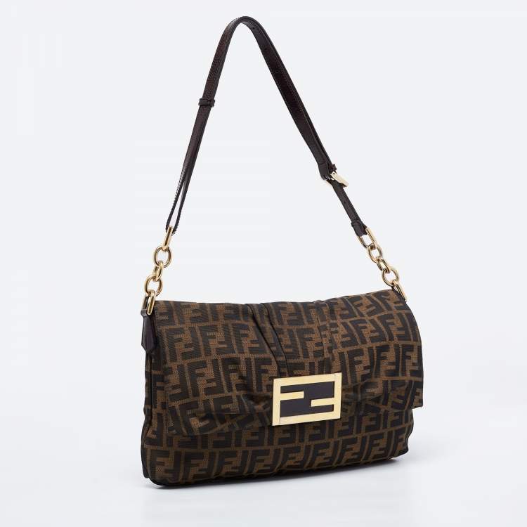 Pre Owned Fendi Brown Zucca Canvas And Leather Mia Shoulder Bag