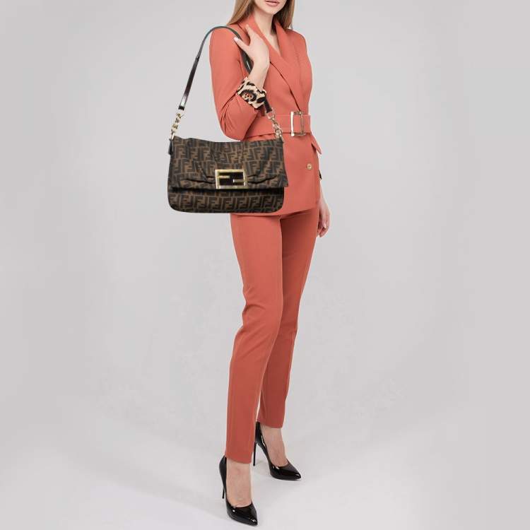 Pre Owned Fendi Brown Zucca Canvas And Leather Mia Shoulder Bag