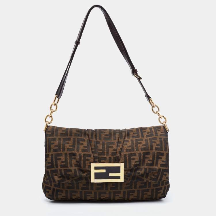 Pre Owned Fendi Brown Zucca Canvas And Leather Mia Shoulder Bag