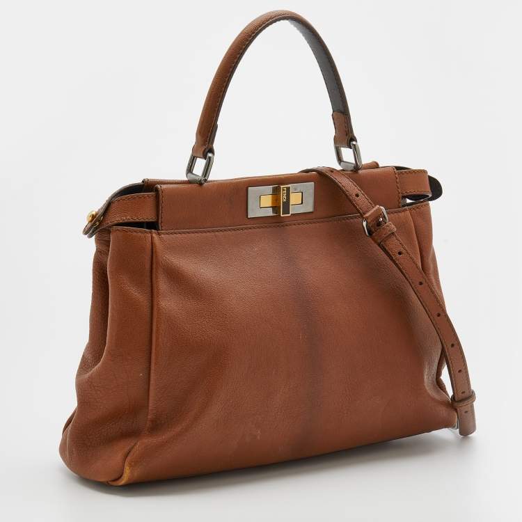 Pre Owned Fendi Brown Leather Medium Peekaboo Top Handle Bag