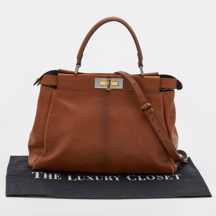 Pre Owned Fendi Brown Leather Medium Peekaboo Top Handle Bag
