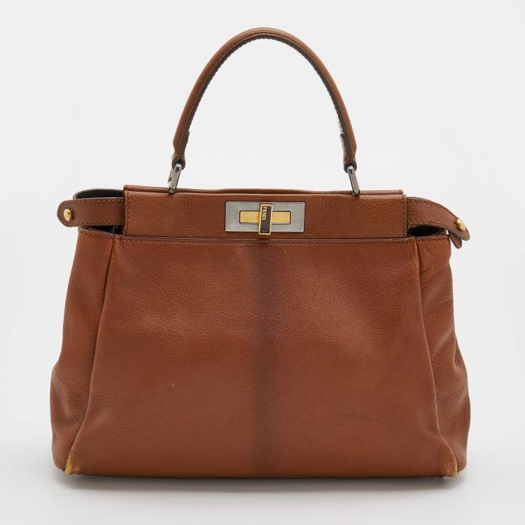 Pre Owned Fendi Brown Leather Medium Peekaboo Top Handle Bag