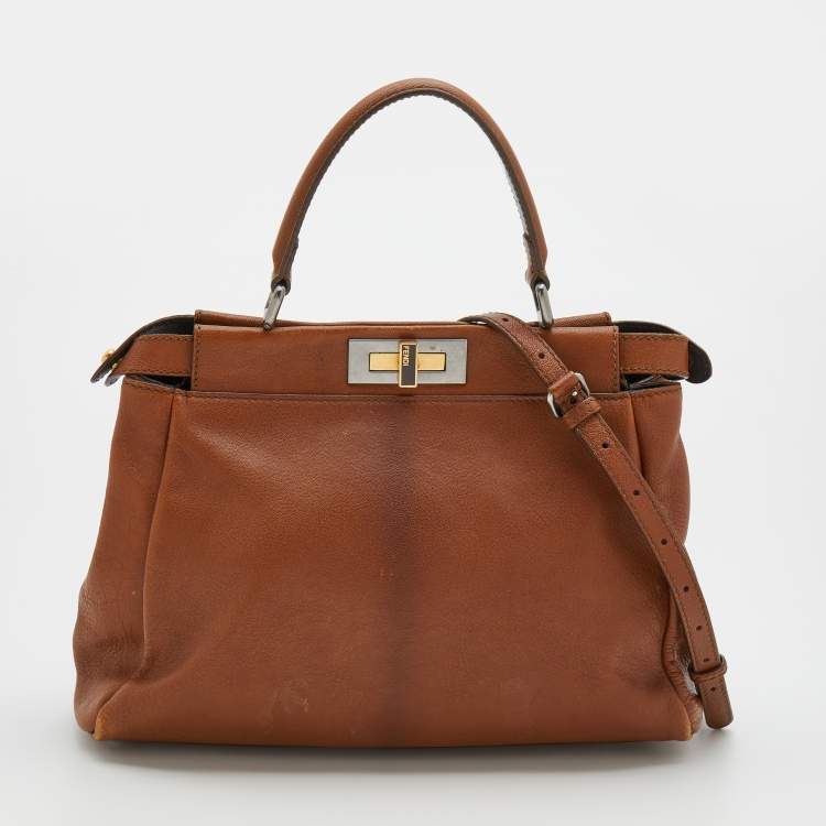 Pre Owned Fendi Brown Leather Medium Peekaboo Top Handle Bag