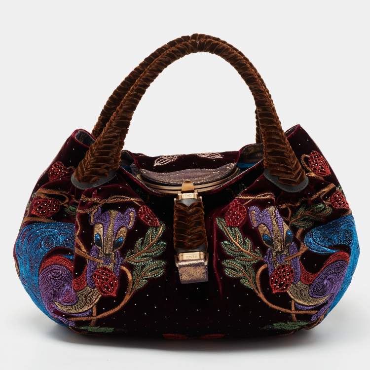 Pre Owned Fendi Multicolor Embroidered Velvet And Foil Leather Spy Bag