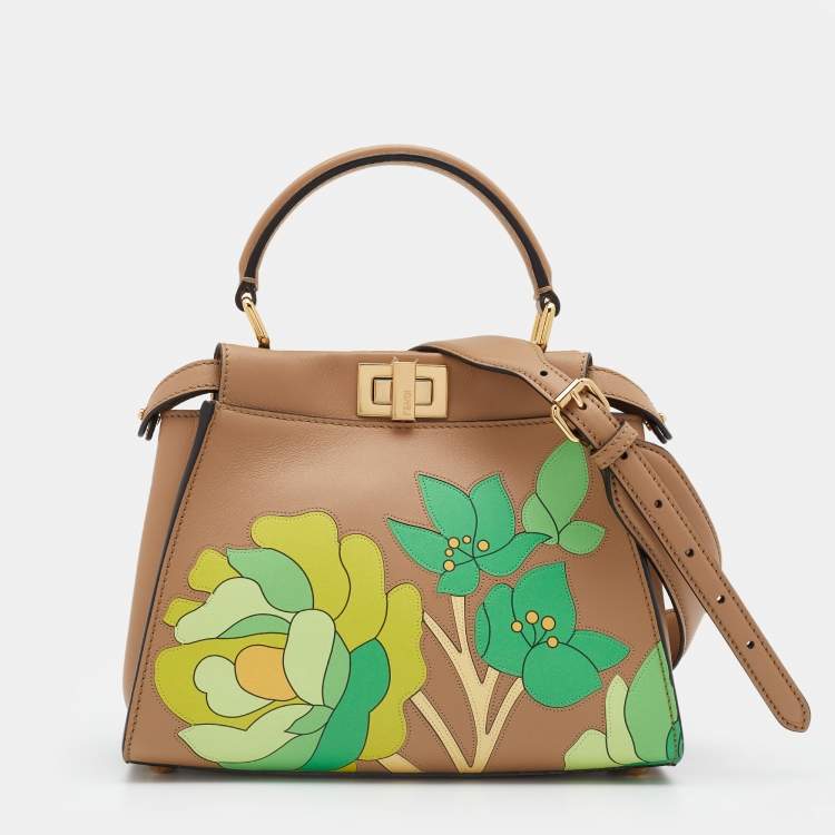 مملوكة مسبقًا Fendi Beige/Green Leather Mini Floral Peekaboo Top Handle Bag