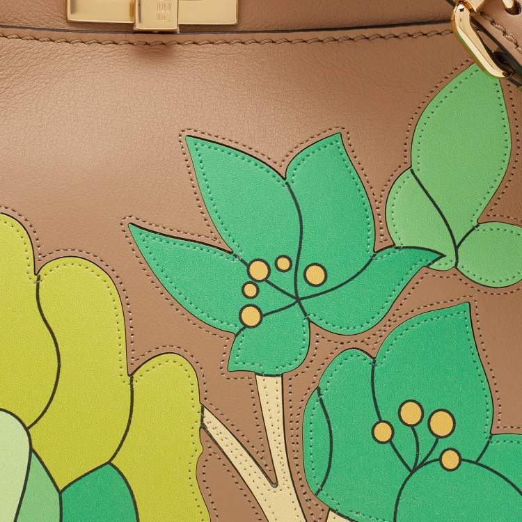 مملوكة مسبقًا Fendi Beige/Green Leather Mini Floral Peekaboo Top Handle Bag