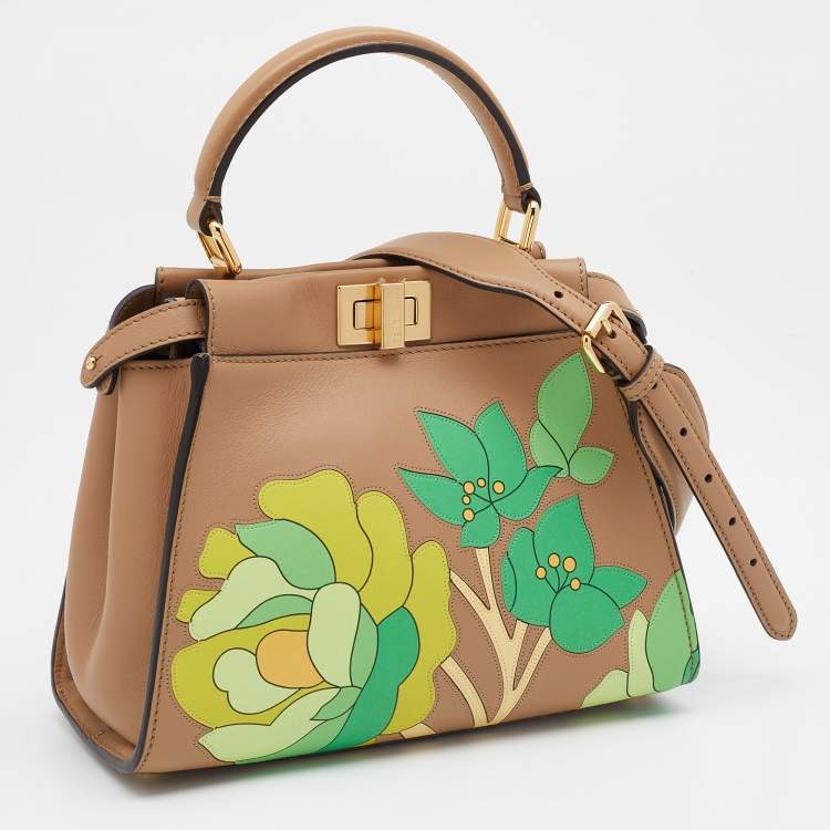 مملوكة مسبقًا Fendi Beige/Green Leather Mini Floral Peekaboo Top Handle Bag
