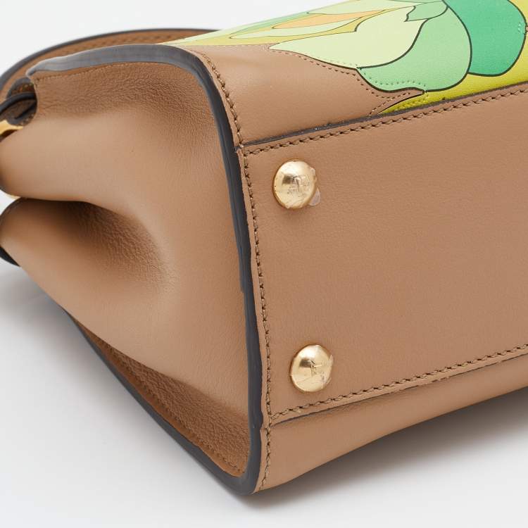 مملوكة مسبقًا Fendi Beige/Green Leather Mini Floral Peekaboo Top Handle Bag