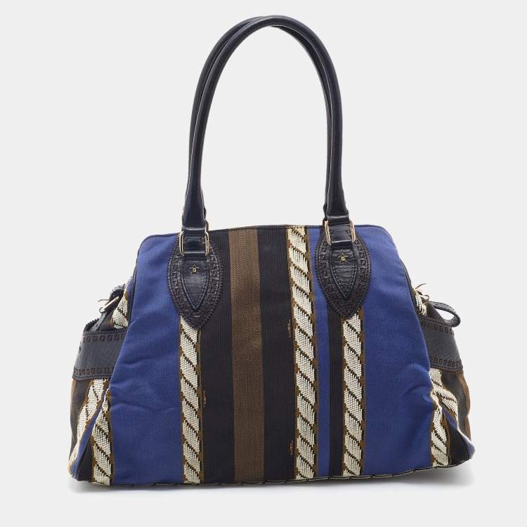 Pre Owned Fendi Multicolor Pequin Canvas and Leather Medium Chef De Jour Tote