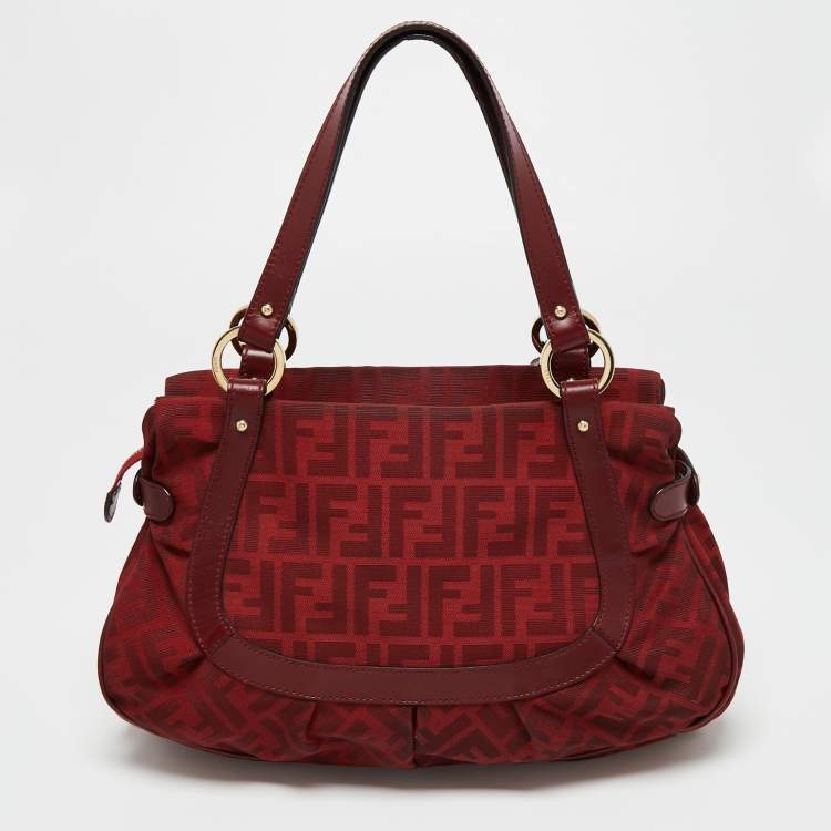 Pre Owned Fendi Red Zucca Canvas And Leather Chef Shoulder Bag