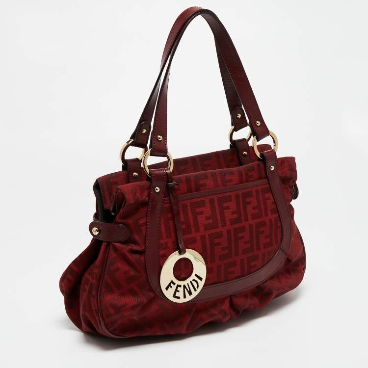 Pre Owned Fendi Red Zucca Canvas And Leather Chef Shoulder Bag