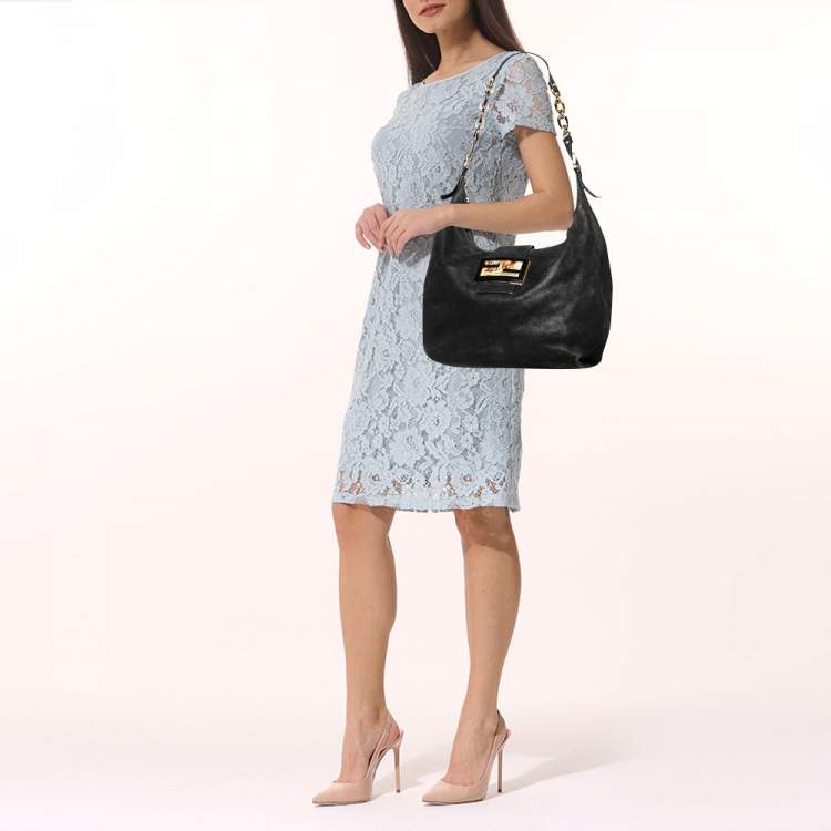 Pre Owned Fendi Black Metallic Leather Mama Forever Hobo