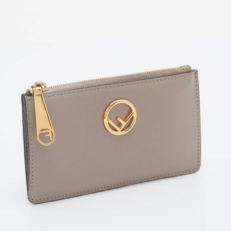 Pre Owned Fendi Grey Leather Zip Card Holder