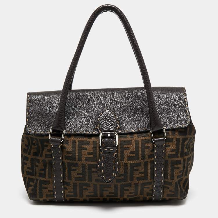 Pre Owned Fendi Tobacco Zucca Canvas And Leather Medium Linda Satchel