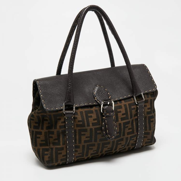 Pre Owned Fendi Tobacco Zucca Canvas And Leather Medium Linda Satchel