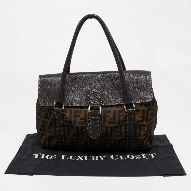 Pre Owned Fendi Tobacco Zucca Canvas And Leather Medium Linda Satchel