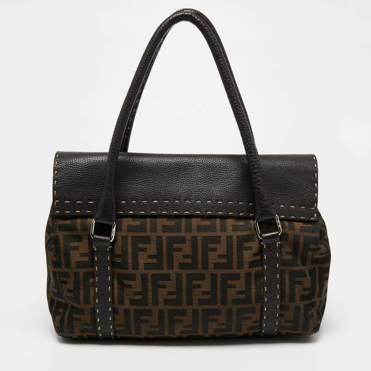 Pre Owned Fendi Tobacco Zucca Canvas And Leather Medium Linda Satchel