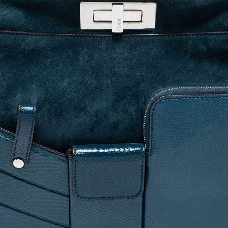 Pre Owned Fendi Blue Leather And Suede Medium Peekaboo Top Handle Bag