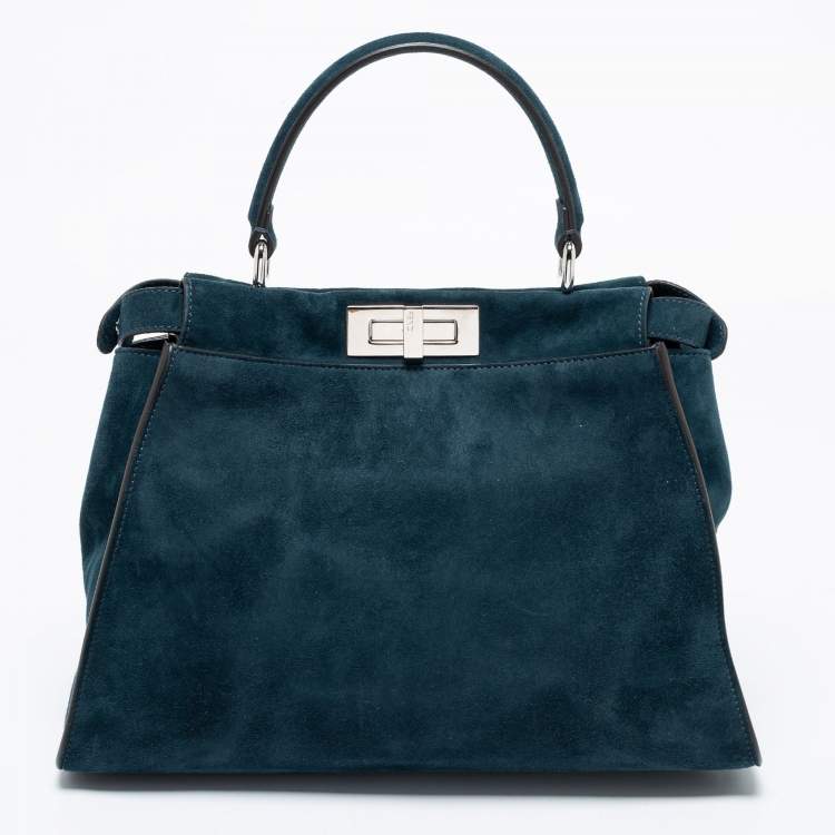 Pre Owned Fendi Blue Leather And Suede Medium Peekaboo Top Handle Bag